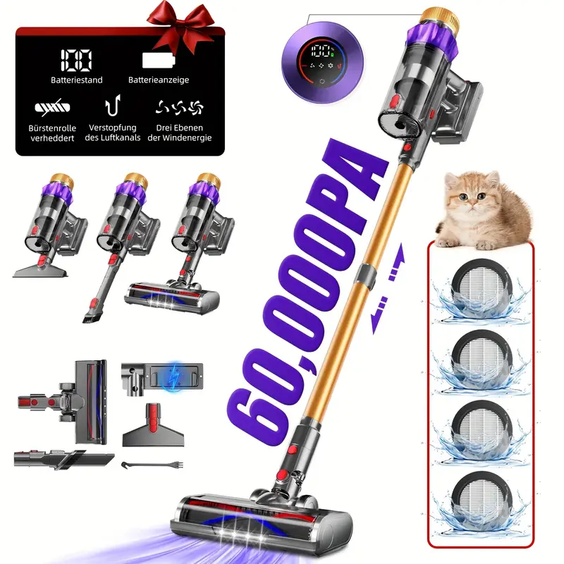 Airchros Akku Staubsauger 60000Pa/50Min, Cordless Vacuum Cleaner with Smart Display And Charging Station, Lightweight Anti-Tangle Vacuum Cleaner, Super Quiet Cordless Vacuum Cleaner for Hard Floors Carpets Pet Hair - Image 2