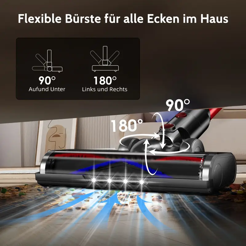 Airchros Akku Staubsauger 60000Pa/50Min, Cordless Vacuum Cleaner with Smart Display And Charging Station, Lightweight Anti-Tangle Vacuum Cleaner, Super Quiet Cordless Vacuum Cleaner for Hard Floors Carpets Pet Hair - Image 3