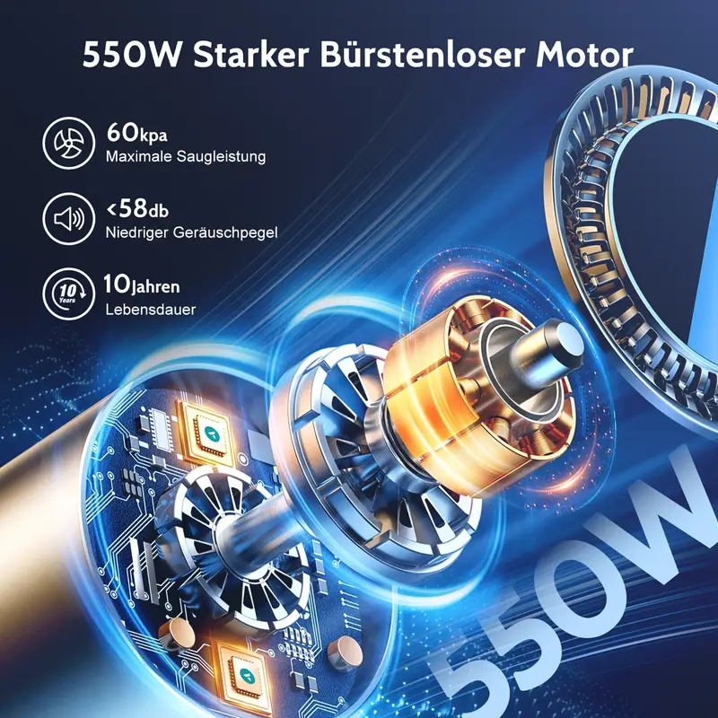 Airchros Akku Staubsauger 60000Pa/50Min, Cordless Vacuum Cleaner with Smart Display And Charging Station, Lightweight Anti-Tangle Vacuum Cleaner, Super Quiet Cordless Vacuum Cleaner for Hard Floors Carpets Pet Hair - Image 7